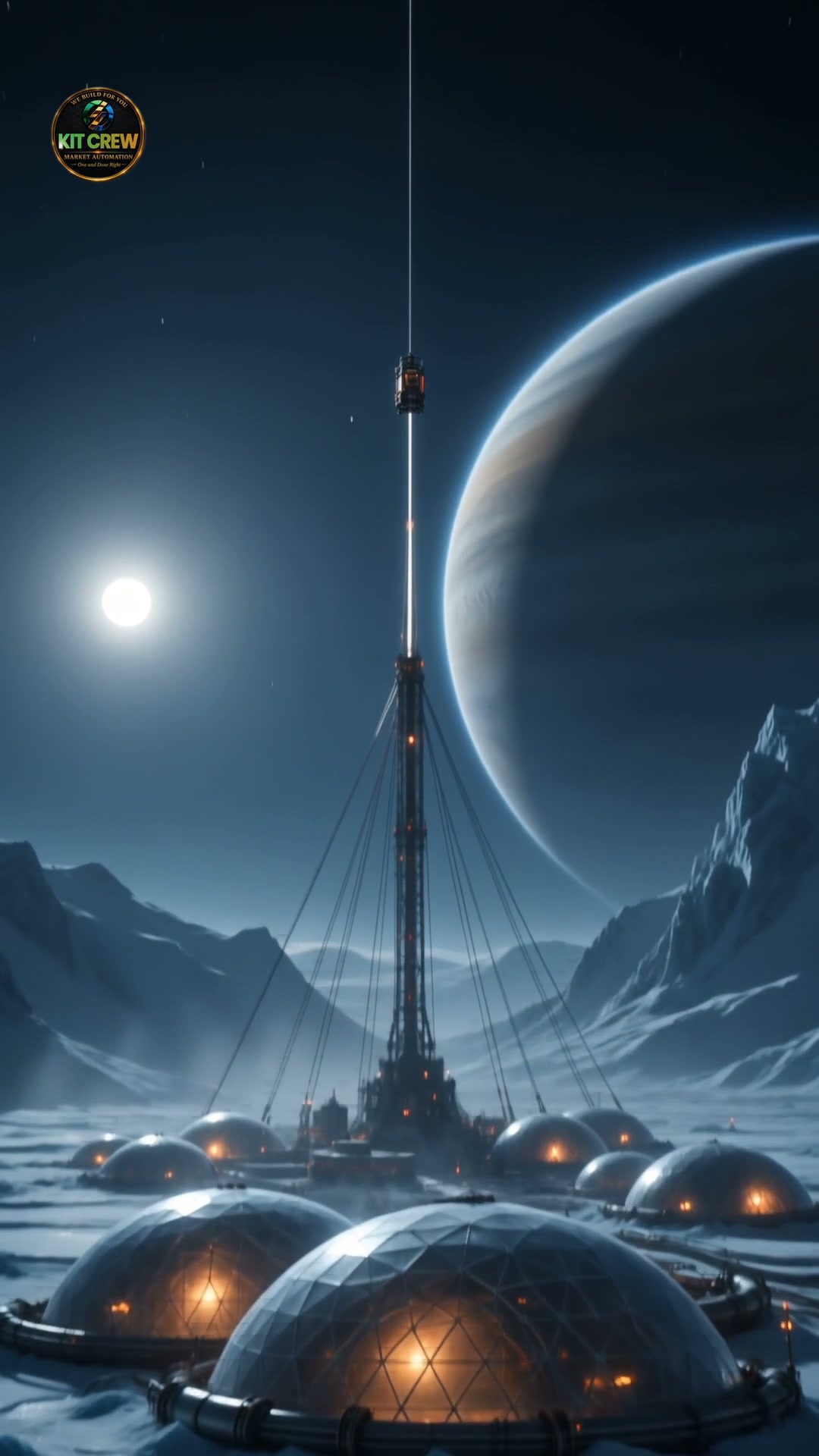 An ice moon at night: a space elevator tether rising from a domed city, a gas giant filling the sky behind it